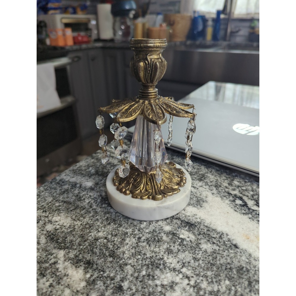 Gold Brass Marble Candle Stick Holder Prisms Vintage Hollywood Regency 7"